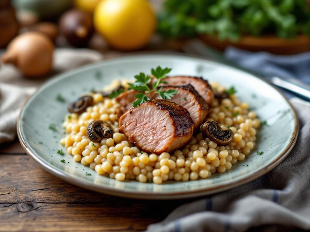 Filet mignon de porc à l'orge perlé et aux morilles